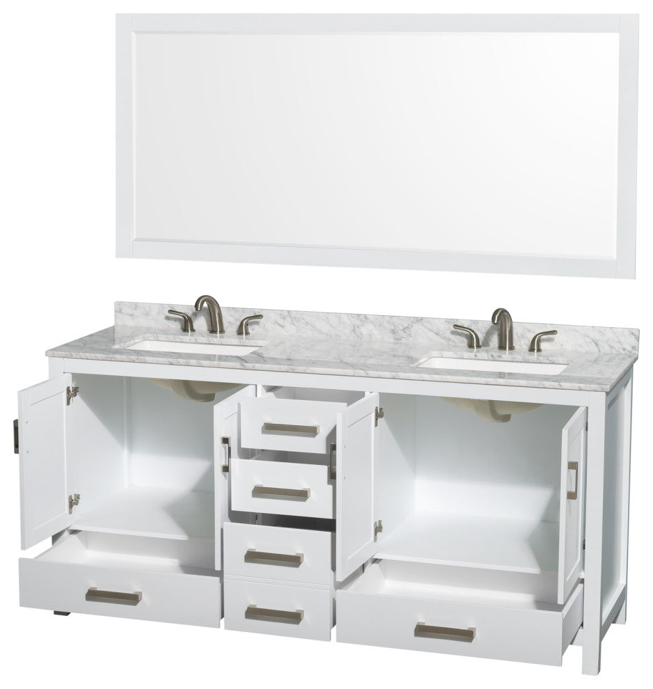 Sheffield 72" White DBL Vanity,Carrara Marble Top,3-Hole Square Sinks,70" Mirror
