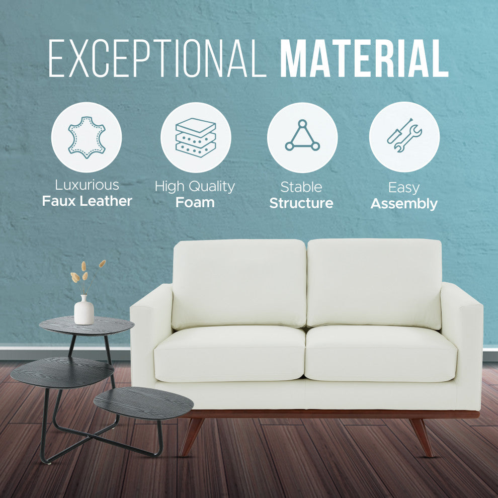 LeisureMod Chester Modern Leather Loveseat With Birch Wood Base, White