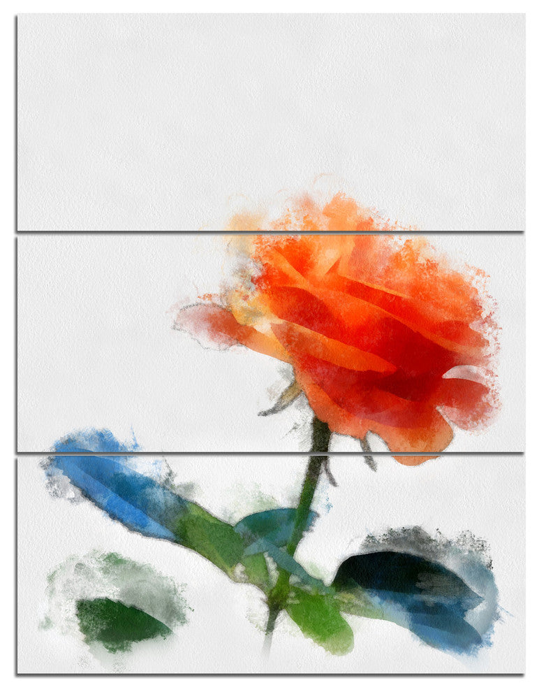 Orange Rose Flower with Splashes, Floral Canvas Artwork, 28x36, 3 Panels