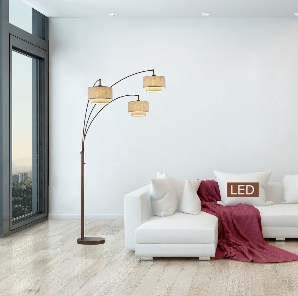 LumiereIII LED Arched Floor Lamp Double Layer Shade, Dimmer, Antique Bronze, 80"