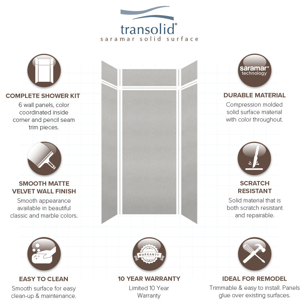 Transolid SaraMar 36"x36"x96" 6-Piece Shower Wall Kit, Grey Beach Velvet
