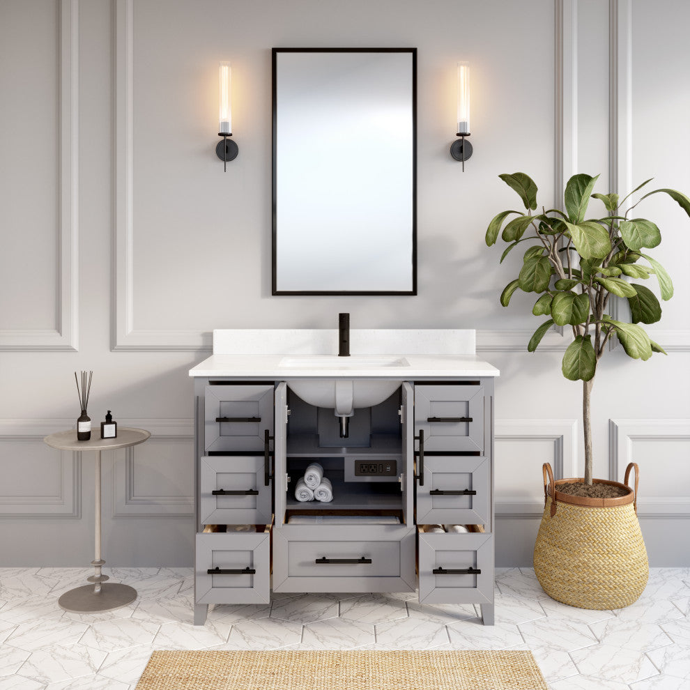 Houston 42" Single Vanity With Power Bar and Drawer Organizer, Oxford Gray