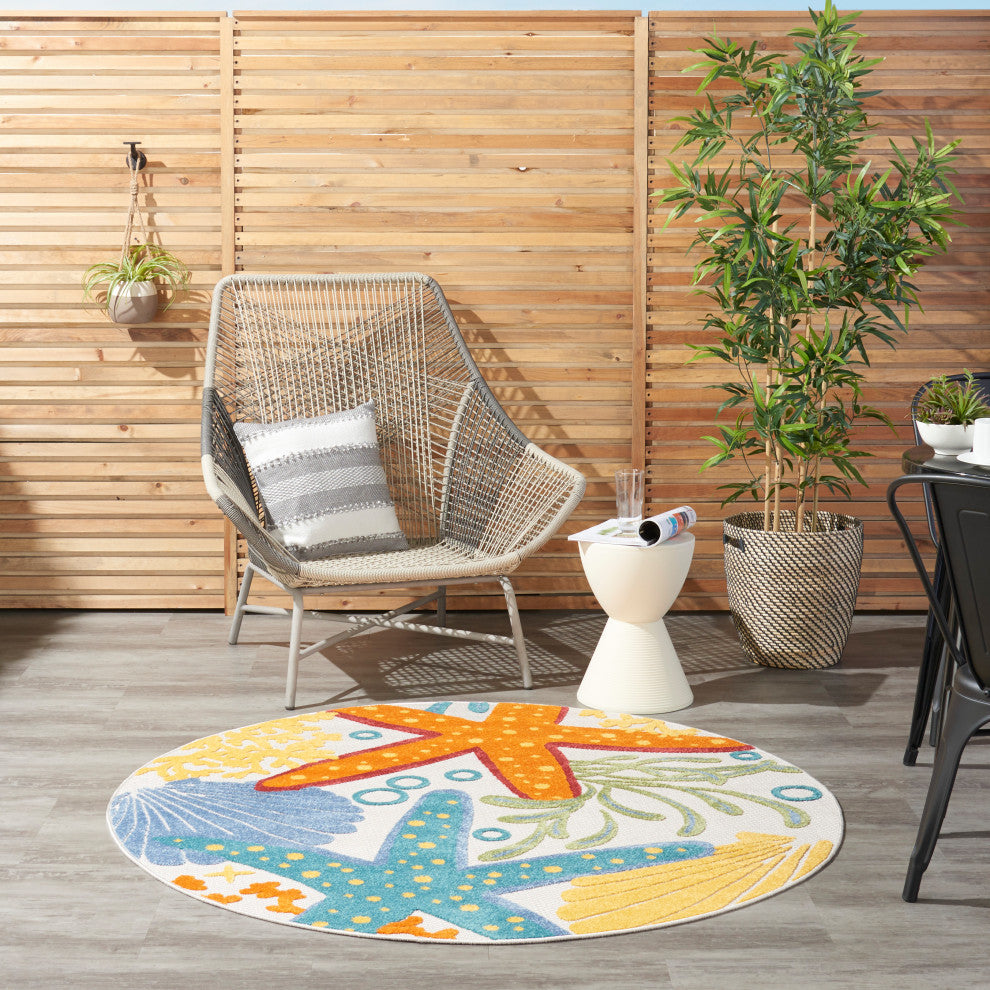 Nourison Aloha 4' x Round Multicolor Coastal, Nautical & Beach Area Rug