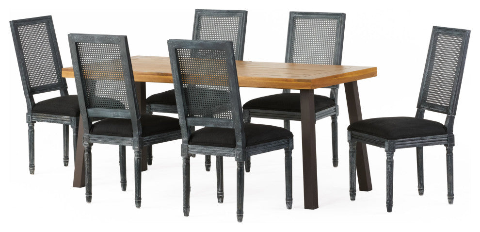 Whitten Farmhouse Fabric Upholstered Wood and Cane 7 Piece Dining Set, Black + Gray + Rustic Metal + Natural Stained