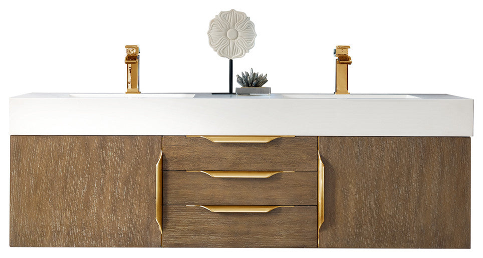 Columbia 59" Double Wall Mount Vanity Cabinet, Latte Oak, Radiant Gold