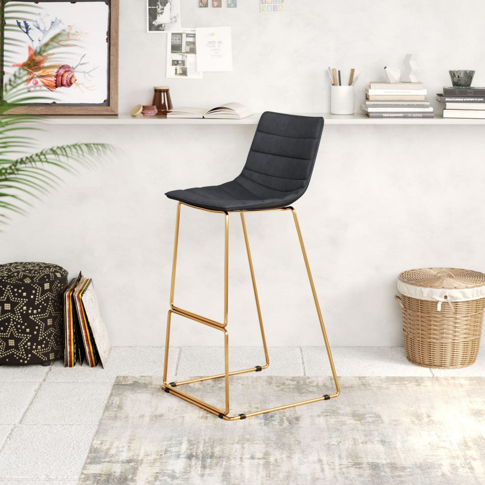 Bar Stool Chair Barstool, Set of 2, Steel Metal, Fabric, Black, Gold, Cafe