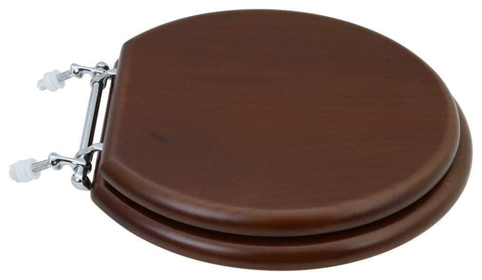 Solid Wood Dark Oak Toilet Round Seat with Chrome Hinge