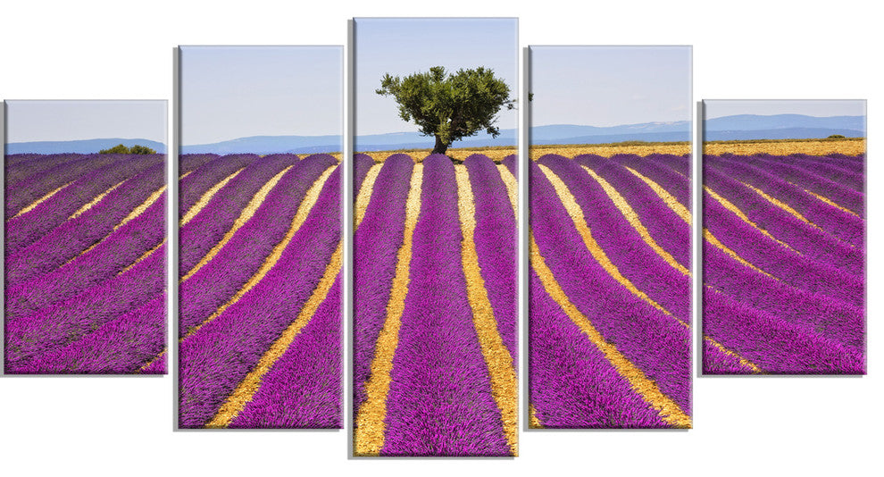 "Lavender And Lonely Tree Uphill" Landscape Wall Art Print, 5 Panels, 60"x32"