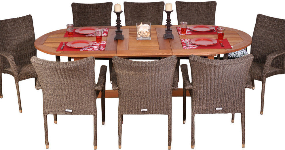 Rennaisance 9-Piece Eucalyptus and Wicker Extendable Oval Patio Dining Set