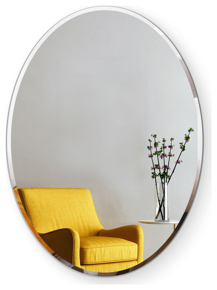 Oval Beveled Polished Frameless Wall Mirror With Hooks, 22" X 39"