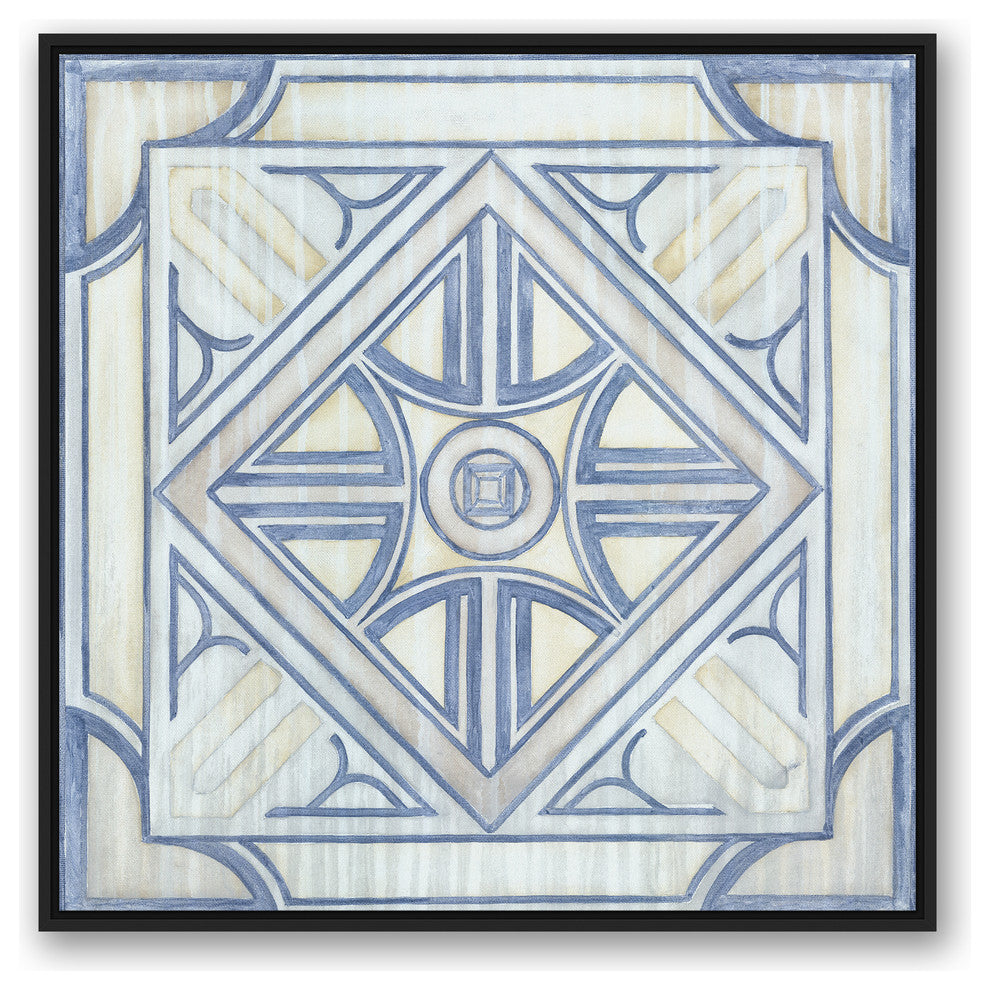 Blue and White Watercolor Tile 36x36 Black Floating Framed Canvas