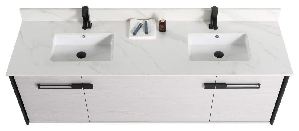 Oakville Wall Mount Bathroom Vanity, Mild Grey Oak, 72", Black Hardware