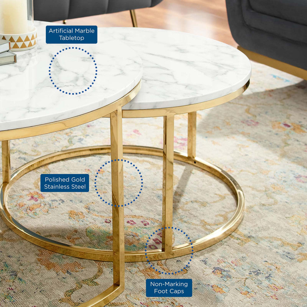 Coffee Table Nesting, Round, Artificial Marble, Metal, Gold White, Modern