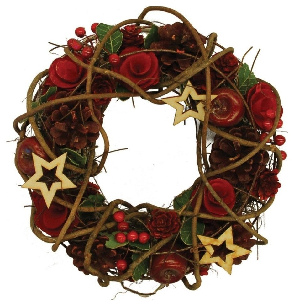 13" Country Rustic Artificial Floral and Berry Wreath With Stars, Unlit