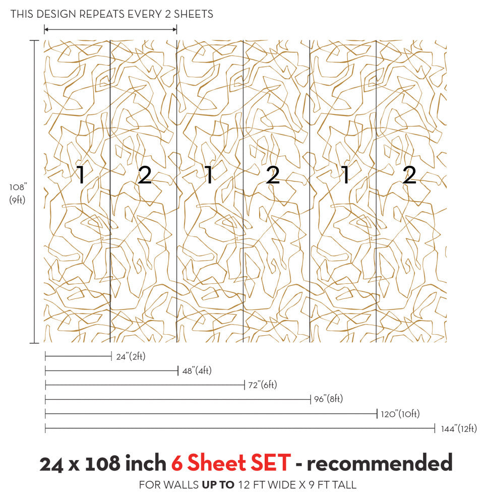 Entangled Lines Abstract Vinyl Peel and Stick Mural, Gold, 24"x108", 6 Pack