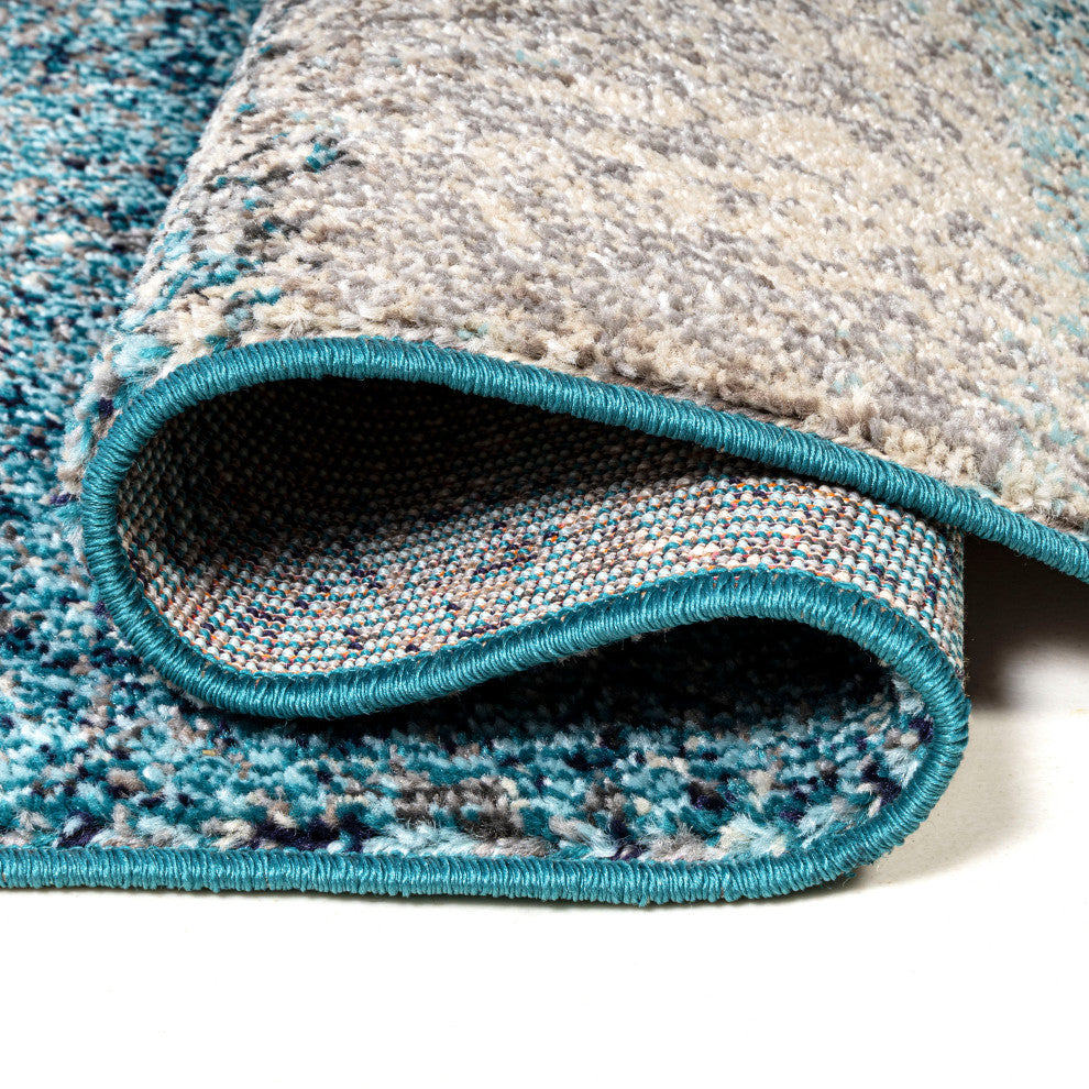 Contemporary POP Modern Abstract Vintage Area Rug, Cream/Turquoise, 2 X 8