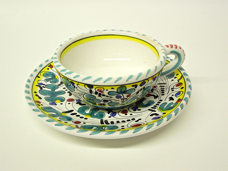 Deruta Labor Ceramiche Galletto Green Teapot and 2 Tea Cups with Saucers