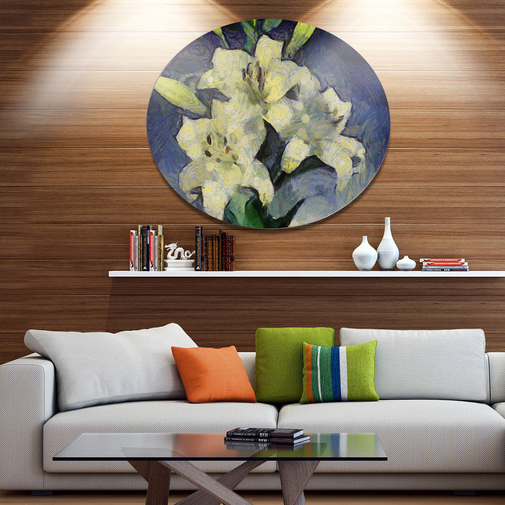White Lilies On Blue Watercolor, Floral Round Wall Art, 36"