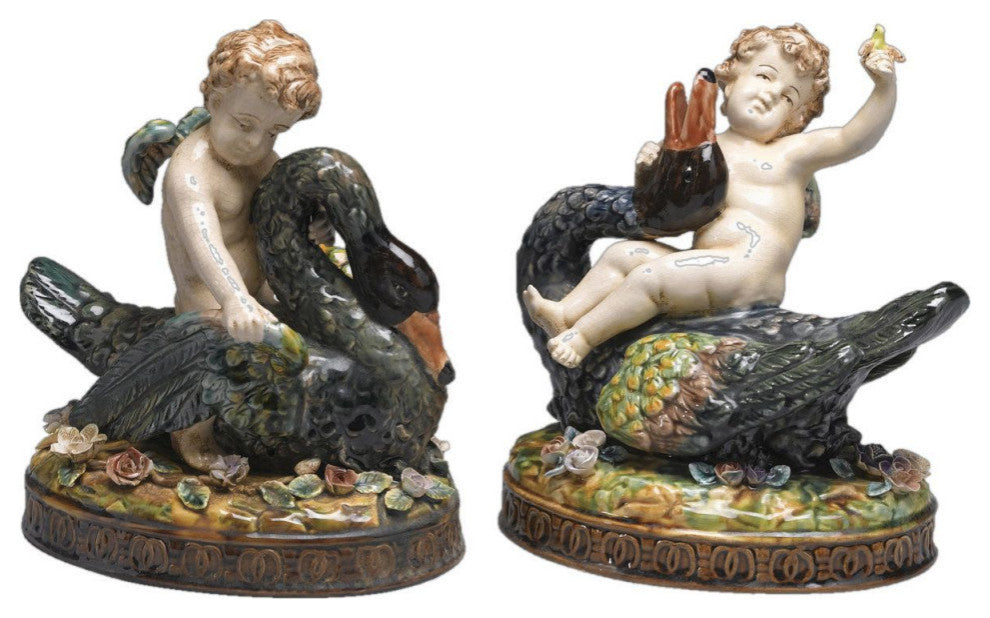 Erhard Ceramic 2-Piece Majolica Cherub With Goose Figurine Set, White