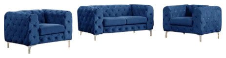Rebekah 3 Piece Velvet Standard Foam Living Room Set 1sofa+2 Chairs, Royal Blue Velvet