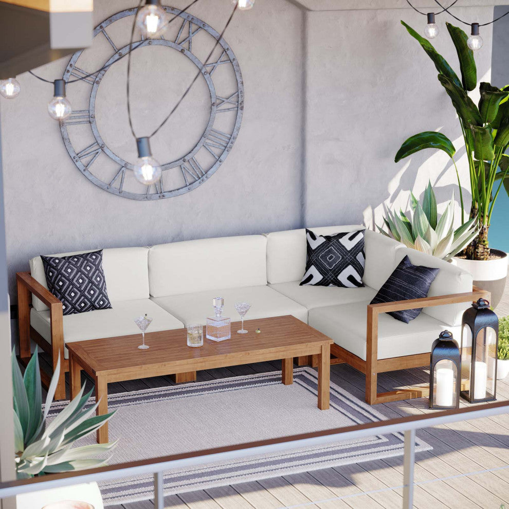 Sectional Sofa Chair Table Set, White Natural, Teak Wood, Modern, Outdoor Patio