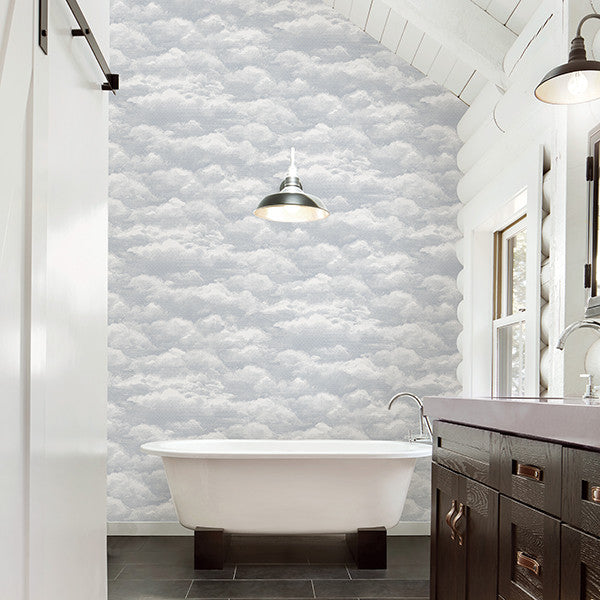 Monochromatic Cloud Pattern Wallpaper, Light Gray, Sample