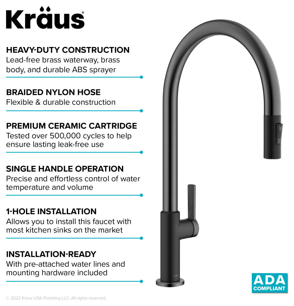 Oletto Pull-Down 1-Hole Kitchen Faucet, Matte Black/ Spot Free Black Stainless