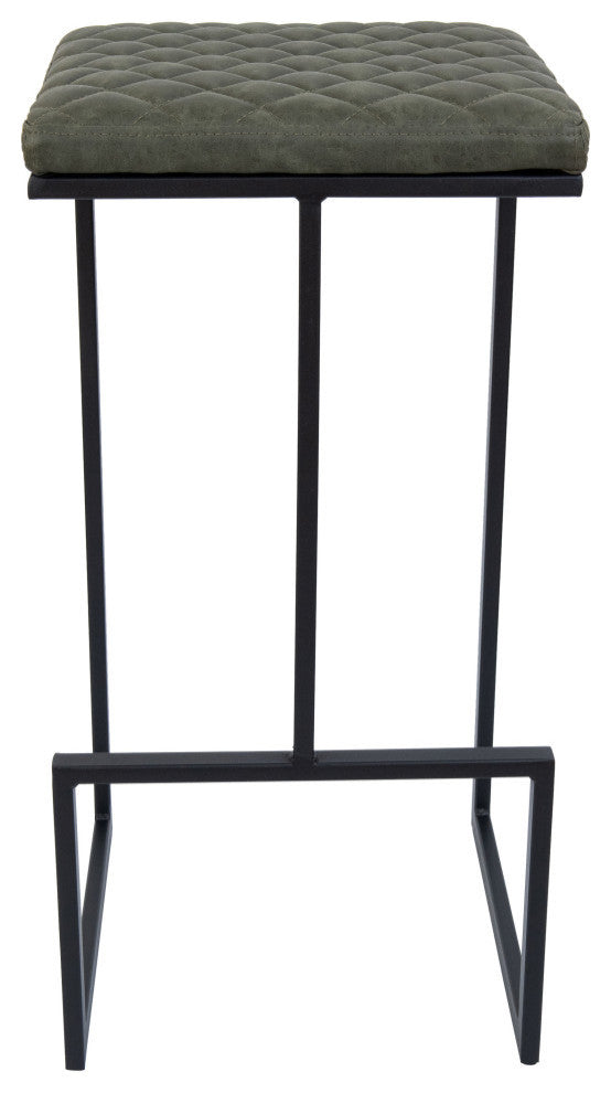 Quincy Square Barstool with Leather Seats and Metal Frame with Footrest, Olive Green