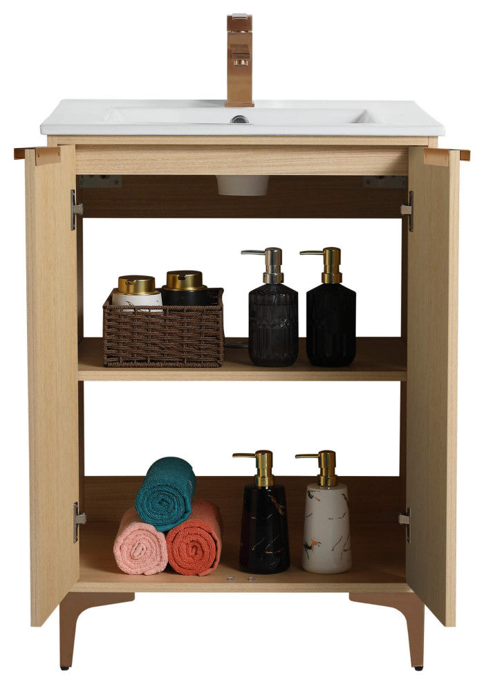 Wilmington Bath Vanity, Natural Oak, 24 Inch, Rose Gold Hardware