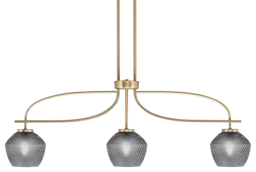 Cavella 3 Light Island Light, New Age Brass, 6" Smoke Textured Glass
