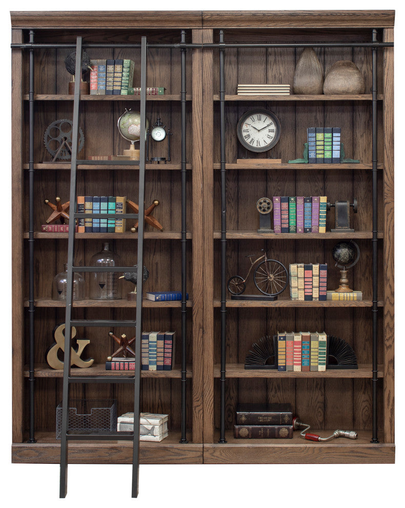 8' Tall Bookcase Wall With Ladder, Storage Organizer, Brown