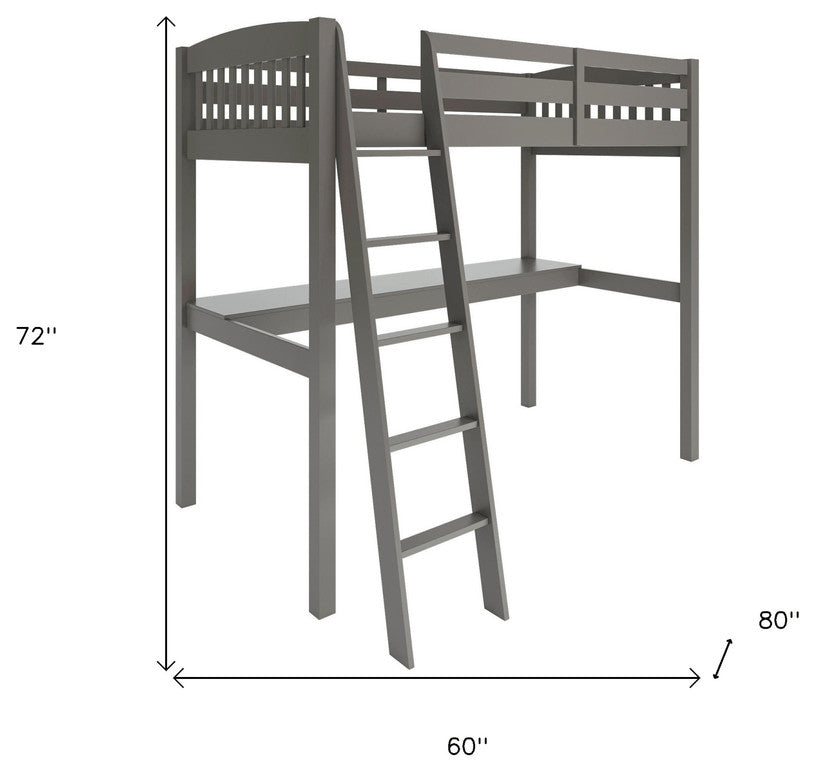 Gray Solid Wood Twin Size Loft Bed With Desk and Storage