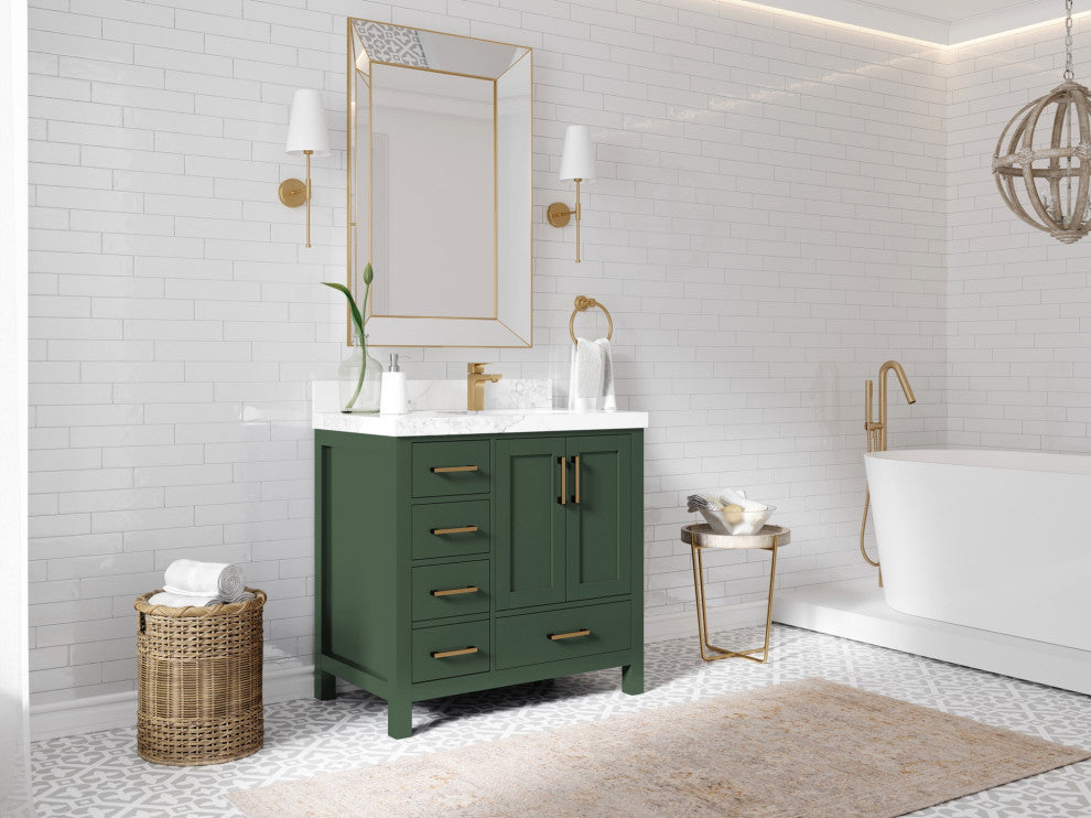 Malibu 36 Right Offset Bath Vanity in Lafayette Green 2" Viola Gold