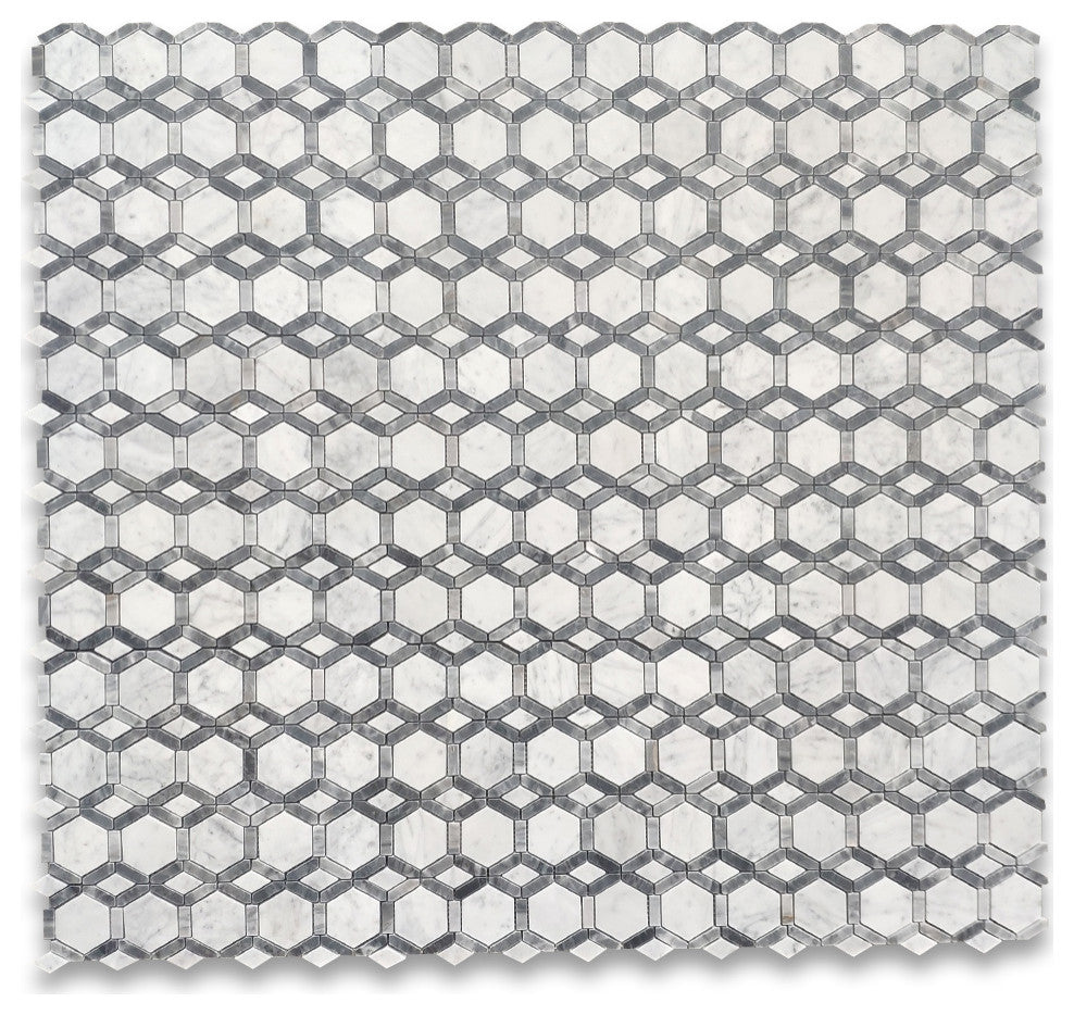 Carrara White Bardiglio Gray Marble Hollywood Hexagon Mosaic Tile, 1 sheet