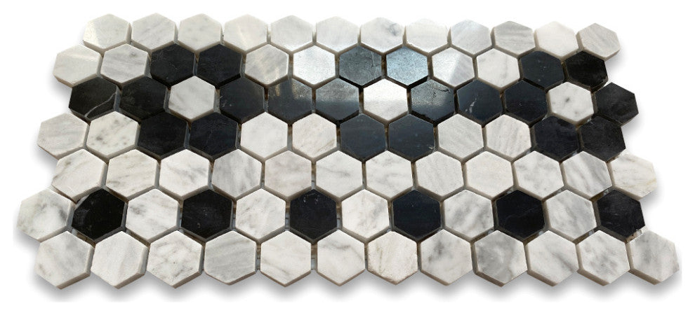 Carrara White Marble Hexagon Mosaic Border Flower Tile Polished 1", 1 sheet