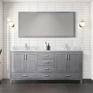 72" Distressed Gray Double Vanity, White Marble Top, White Sinks and 70" Mirror