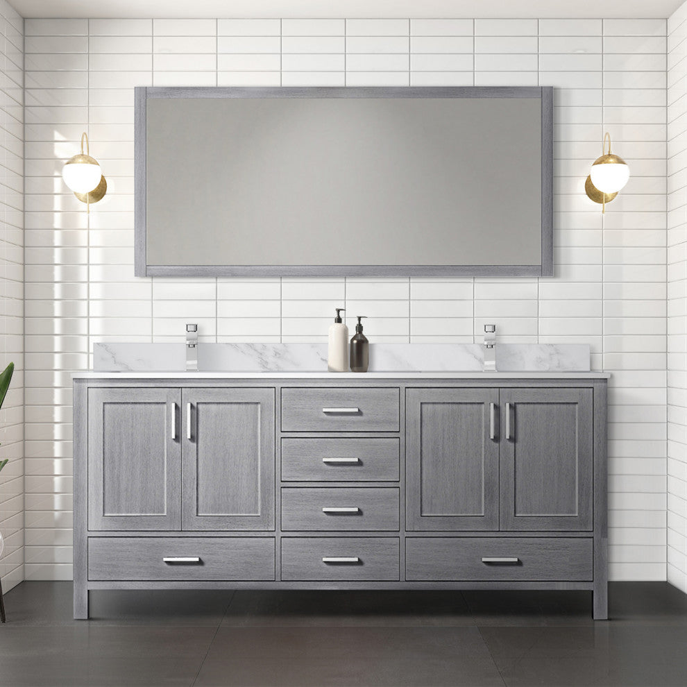72" Distressed Gray Double Vanity, White Marble Top, White Sinks and 70" Mirror