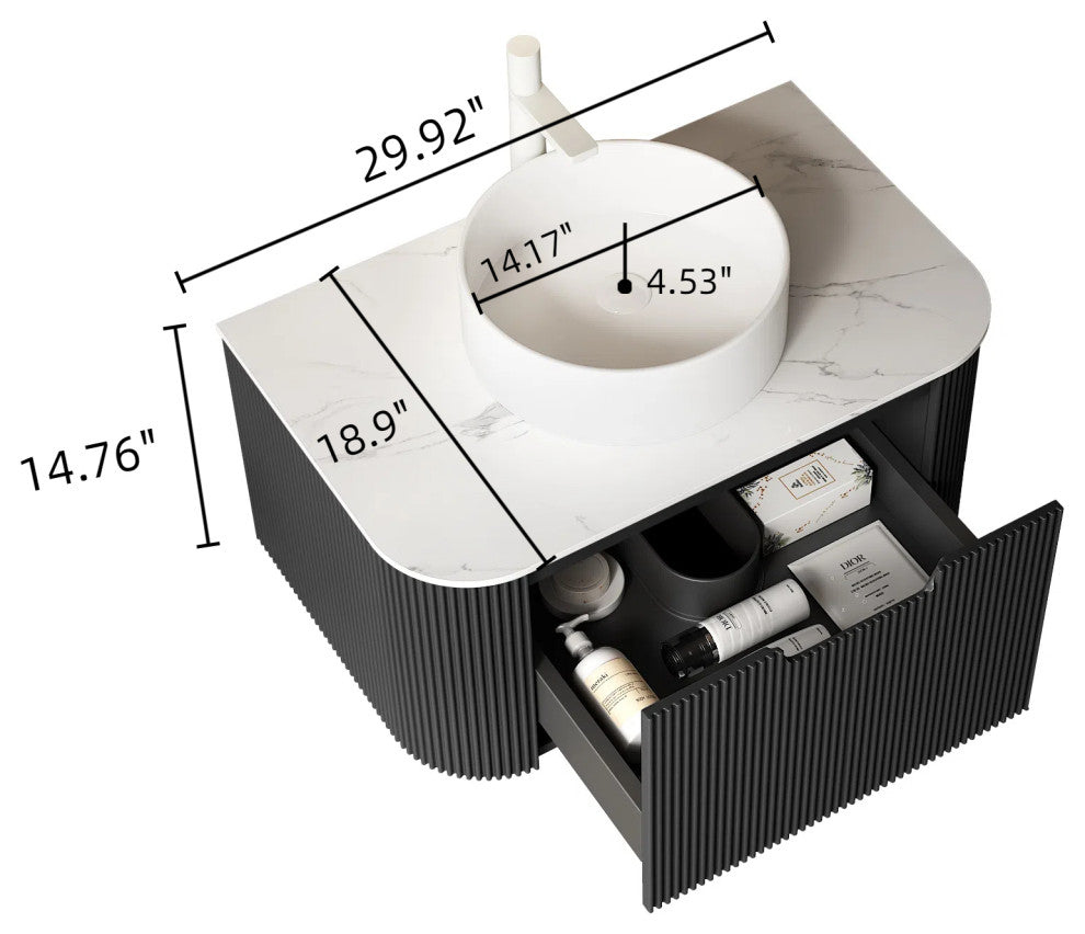 Wall-Mounted Bathroom Vanity With White Round Ceramic Basin, Black, 30"