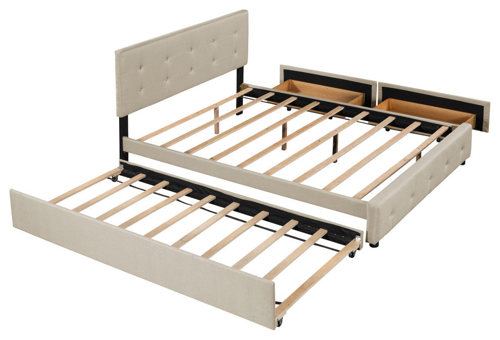Queen Wood Frame Platform Bed with Drawers and Twin XL Trundle, Beige, Queen