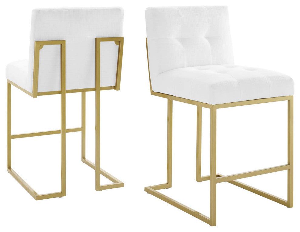 Counter Stool Chair, Set of 2, Fabric, Metal, Gold White, Modern, Bar Pub Bistro