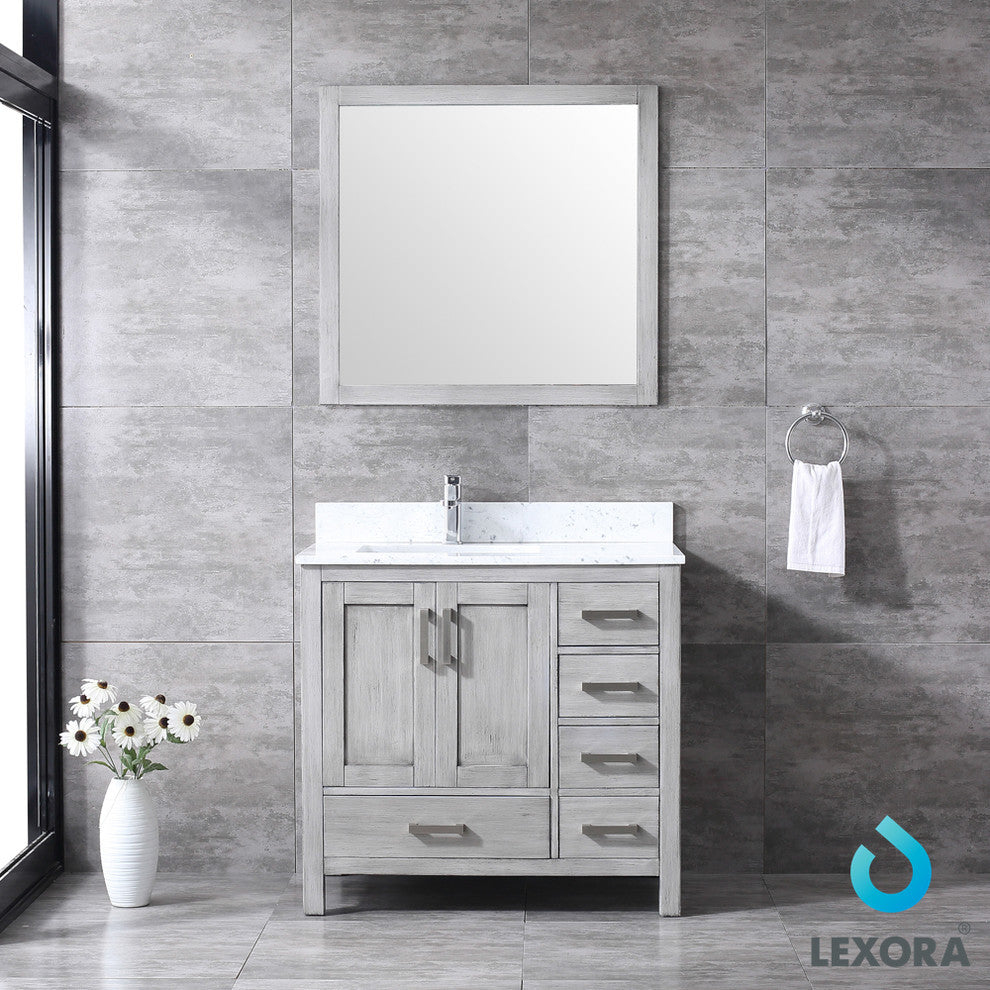 36" Single Vanity With Carrera Marble Top, Sink and 34" Mirror, Distressed Gray