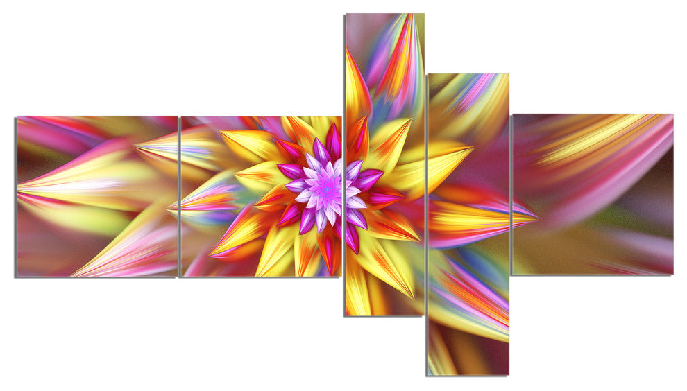 Large Multi Color Alien Fractal Flower, Floral Canvas Print, 60"x32", 5 panels