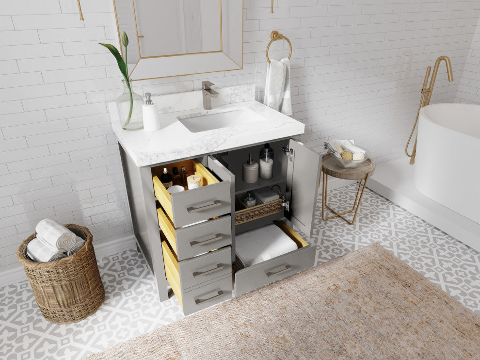 Malibu 36 Right Offset Bath Vanity in Elephant Skin Gray 2" Calacatta Poanazzo