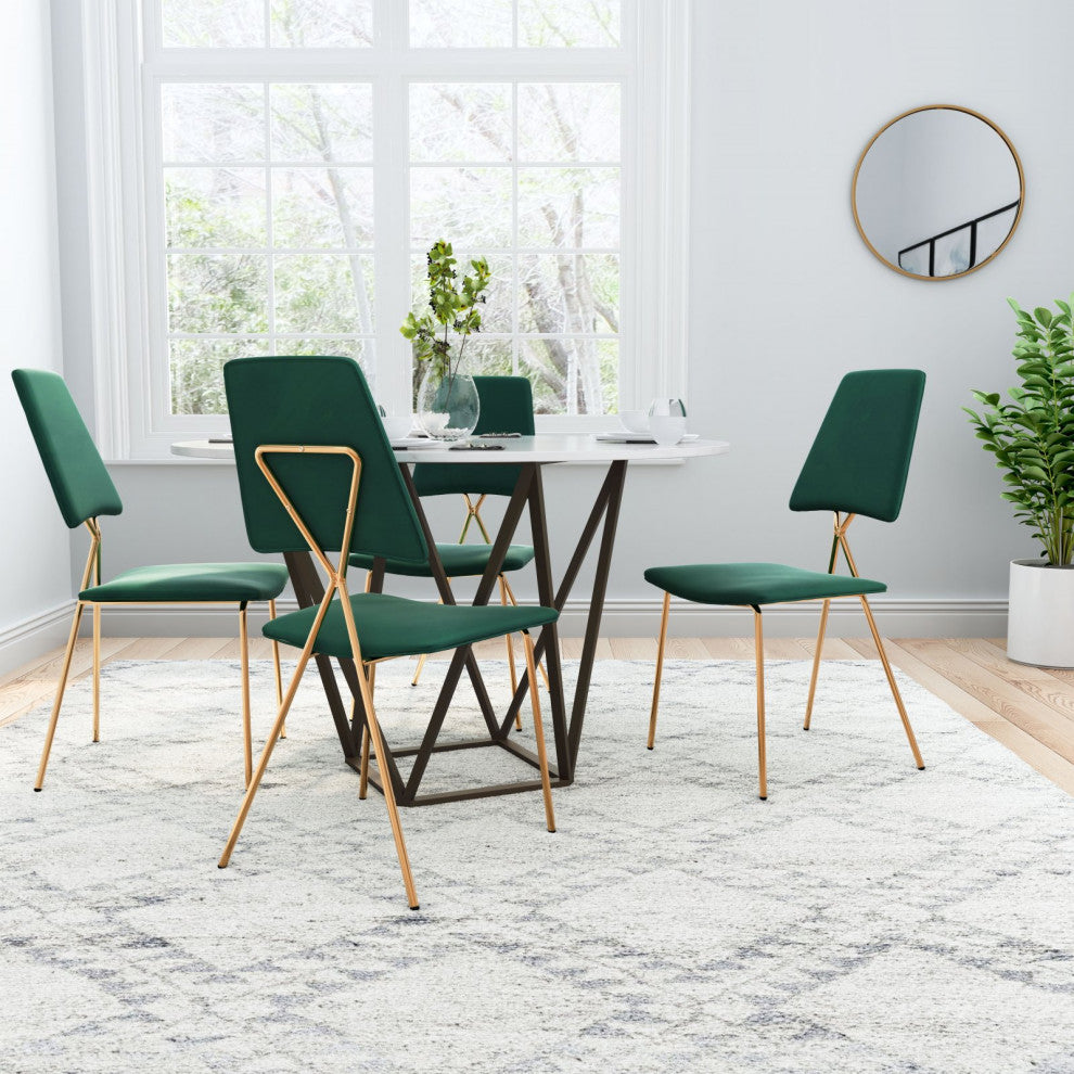 Dining Chair, Set of 2, Steel Metal, Fabric, Green, Gold, Kitchen Cafe Bistro