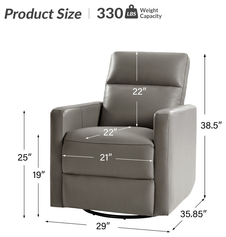 Genuine Leather Swivel Rocker Recliner With Adjustable Headrest, Gray