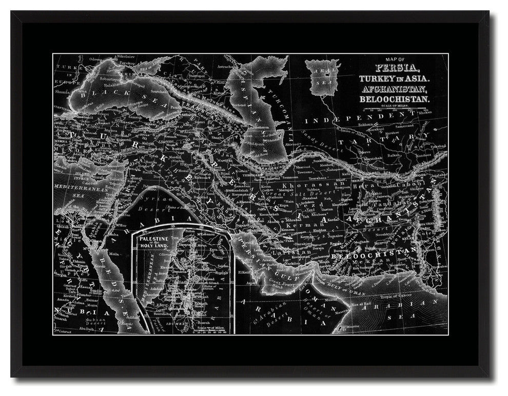 Persia, Iraq, Iran, Afghanistan Monochrome Map On Canvas With Frame, 28" X 37"