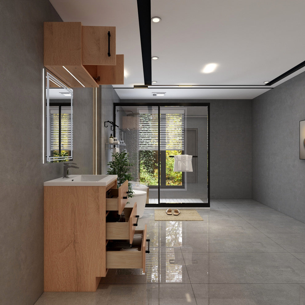 Victoria 24" Solid Wood Bath Vanity, Overhead Cabinet, Red Oak