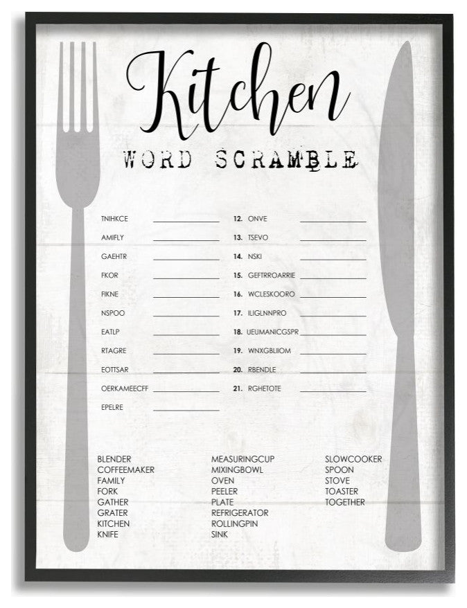 Stupell Industries Kitchen Word Scramble Fun Family Word Design, 24"x30", Black