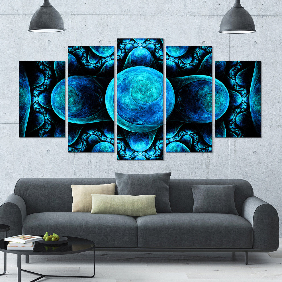 Blue Exotic Pattern on Black, Contemporary Art on Canvas, 60"x32", 5 Panels