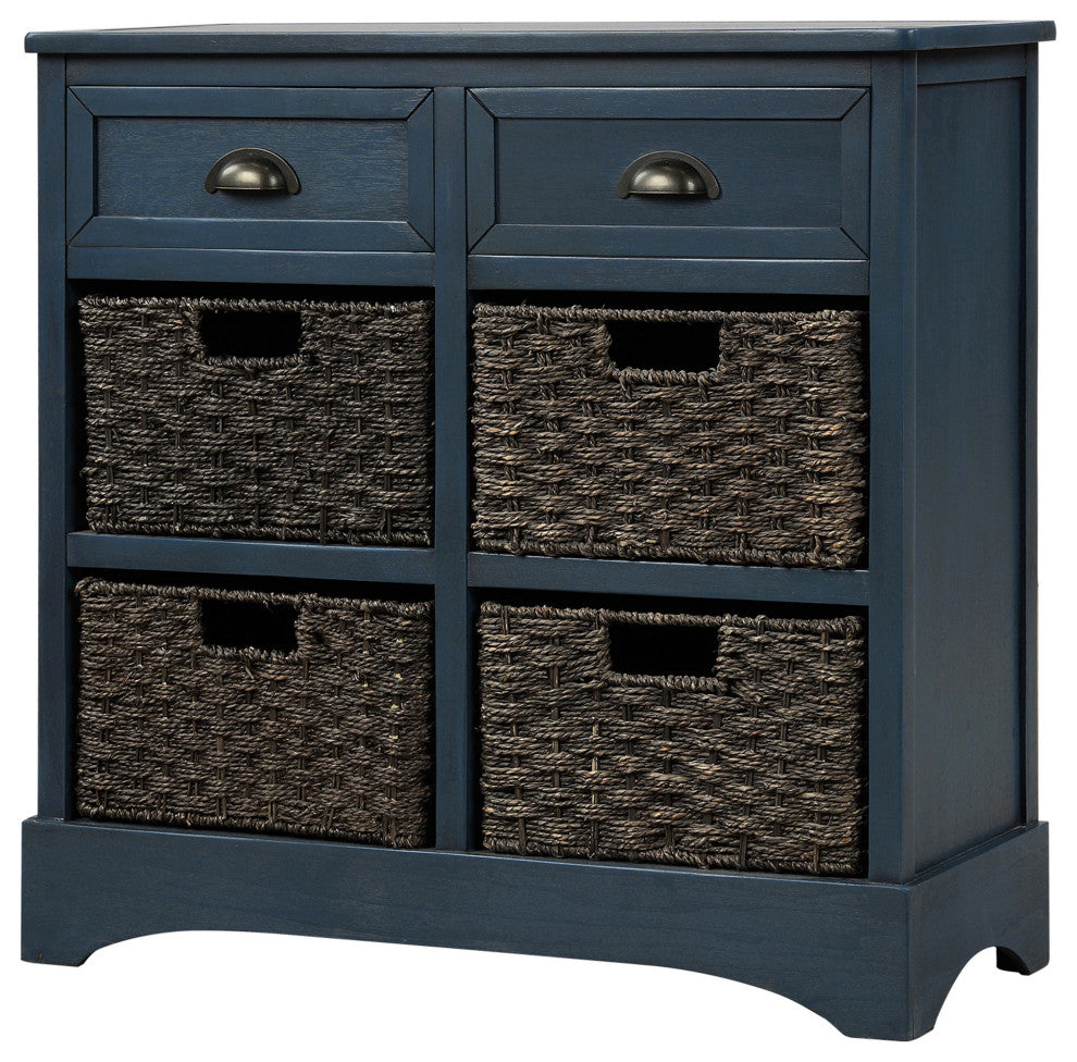 28" Wood 2 Drawers Storage Cabinet with 4 Rattan Basket, Antique Navy, 28" Tall